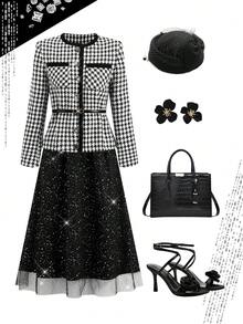 Ellevyn 女士秋冬两件套，羊毛混纺外套搭配褶裥网纱裙，优雅的办公室/通勤公主风，高品质 - 黑與白 - 查看 2