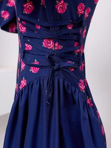 SHEIN Teen Girl Vacation Square Neck Woven Ribbon Navy Blue Madder Rose Print Side Tie Patchwork Dress - Navy Blue - View 2