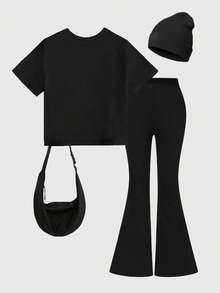 Cozy Fall Styles 2pcs/Set Tween Girl Casual Fashion Creative Personalized Fresh Chic Minimalist Numeric 67 Colorful Candy Dot Print Relaxed T-Shirt And Flared Pants Comfortable Outfit Bell Bottoms Girl 2 Piece Set Bell Bottom Outfits Girls Tween Girl Clothes Y2k Graphic - Black - View 3