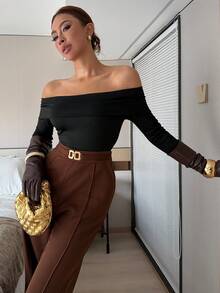 Islaluna French Style Women's Jumpsuit Elegant Office,Shades Of Brown Autumn Knitted Black Top With Flowing Wide-Leg Pants And Metal Buckle Belt Set - Multicolor - View 6