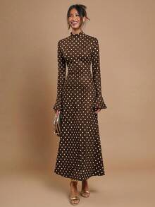 COSMINA 女士波点印花立领修身长袖连衣裙 - 深棕色 - 查看 5