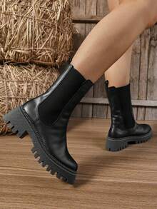 Botines tipo Chelsea para mujer, plataforma gruesa antideslizante, punta redonda, sin agujetas, caña elástica, estilo británico casual para diario y oficina - Negro - Ver 2