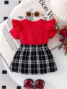 SHEIN Playful Pals 女婴针织短袖圆领T恤和百褶裙套装，时尚夏季女宝宝装扮 - 紅色 - 查看 2