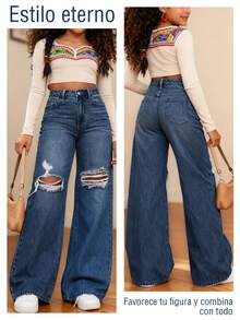 Vaqueros anchos rotos para mujer, con bolsillos, efecto desgastado, talla grande, sin elasticidad, vaqueros rectos de tiro alto, estilo retro moderno, ideales para uso diario, cómodos e informales, ideales para cualquier temporada - Azul - Ver 6