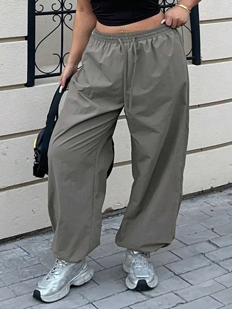 Dazy Plus Plus Size Women's Casual Solid Color Elastic Waist Drawstring Harem Street Style Pants, Spring/Autumn