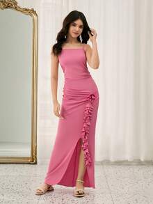 Blush Pink Elegant Formal Summer Party Bridesmaid Dress,Teens Knit Elastic Spaghetti Strap Fitted Slit 3D Floral Ruffle Midi Dress For Wedding,Prom - Pink - View 4
