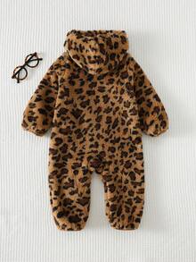 Cozy Pixies Baby Girls Cartoon Animal Leopard Print Thermal Lined Hooded Zip-Up Long Sleeve Jumpsuit, Suitable For Winter - Khaki - View 2