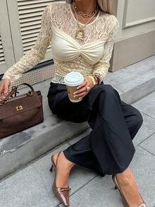 Siren Gaze Women's Contrast Lace Ruffle Fitted Sexy Blouse, Autumn - Light Yellow - View 4