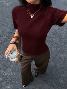 Siren Gaze Women's Solid Color Turtleneck Short Sleeve Wool Knit Top, All Season Christmas Casual Red Valentine's Day Summer - Burgundy - View 4