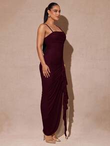 Silquee Elegant Sage Green Romantic Ruffle Sleeve High Slit Dress, Lace Bodycon Party Dress For Women, Suitable For Valentine's Day, Date, Wedding, Prom - Maroon - View 4