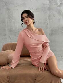 Firerie Vestido Curto de Manga Longa com Bainha Assimétrica Plissada Elegante Feminino, Estilo Chique Urbano para Ir e Vir e Encontros, Outono/Inverno - Rosa empoeirado - Visão 6