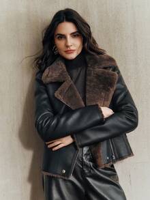 Anewsta Women's Black PU Leather Jacket With Faux Rabbit Fur Collar