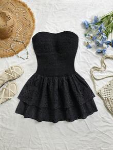 Sweetra Vestido elegante de estilo de vacaciones con pliegues, sin mangas, escote halter, cintura ceñida, hueco, bordado y volantes en el bajo, de color azul marino - Negro - Ver 5