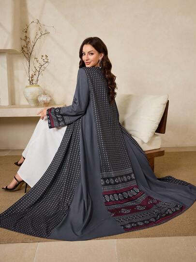 Al Najma Kadın Çiçek Desenli Patchwork Bol Günlük Seyahat Uzun Kollu Arap Abaya Sabahlık