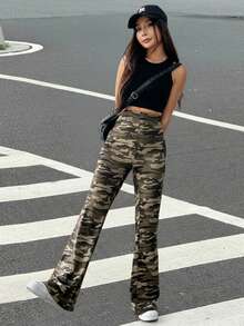 SHEIN EZwear Camouflage Print Knitted Ladies Pants - Army Green - View 6