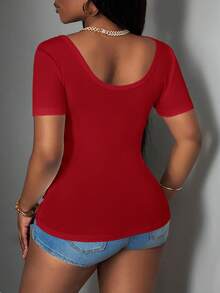Slaydiva 2025 New Plus Size Women Casual Basic Racerback Sleeveless Deep V-Neck Ribbed White T-Shirt - Red - View 3