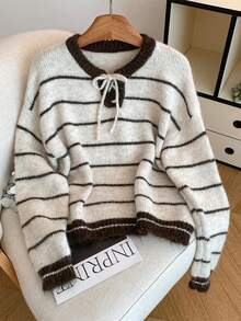 Resyla Women's Tie Collar Striped Drop Shoulder Long Sleeve Casual Sweater, Autumn/Winter