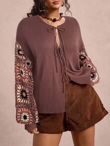 Freevana 大码女式休闲度假风拼接提花落肩宽松前系带开衫，秋季 - 玫瑰紅 - 查看 3