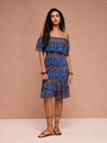 JIAN LASALA All-Over Print Mesh Spaghetti Straps Layered Ruffled Midi Dress Women Holiday Vacation Dress Off Shoulder Summer Dress Off The Shoulder Dress Women Havana Nights Outfit Ankara African Dress African Print Dress Off Shoulder Dresses For Woman Boho Dress Vacation Dress For Women Beach Wedding Guest - Blue - View 6