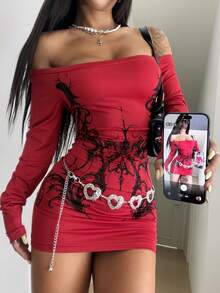 StreetHx 女士酒红色露肩复古印花修身迷你连衣裙，春秋季 - 酒紅色 - 查看 1