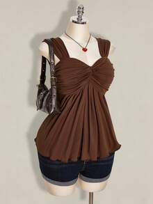SHEIN ICON Plus Size Women's Black Twist Front Sleeveless Babydoll Knit Top, Y2K Style, Suitable For Graduation/Back To School Season, Summer Cute Tops - Chocolate Brown - View 6