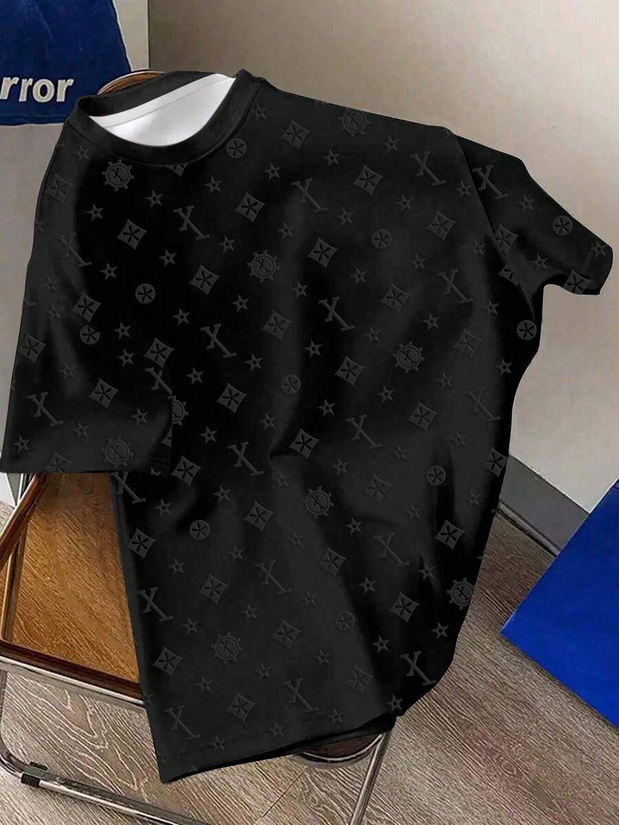 Manfinity Dauomo Men's Casual Fashion Street Vacation Style All-Over Print Loose Fit Short Sleeve T-Shirt, Summer - Black - View 1