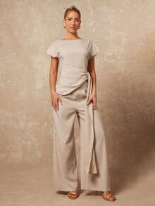 Lumalex Early Spring Asymmetric Neck Ruched Cinching Waist Tie Loose Straight Leg Women's Suit Set PreSpring Vacation Birthday Outfits Wedding VDayGiftGuide RomanticVDayOutfit Guest Wedding VDayGiftGuide RomanticVDayOutfit Party Summer Holiday Beach Outfits Luxury Look LuxeLooks QuietLuxe Prom Gathering Party Banquet Modest Old Money Coquette Rave Festival Richly Layered Party - Khaki - View 4