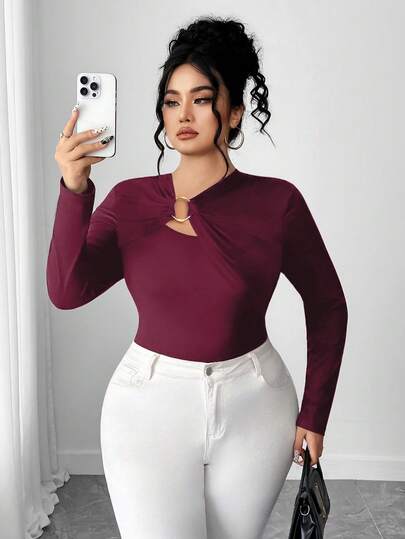 Elenzga Plus Size Women Solid Color Long Sleeve T-Shirt, Versatile And Minimalist, Suitable For Daily Commute, Autumn/Winter