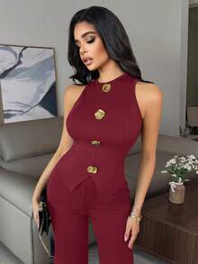 SHEIN PETITE Ensemble décontracté chic pour femme, avec un Top de style veste en tweed à col décoratif, coupe slim et boutons métalliques sexy, et un pantalon long décontracté à taille élastique texturée, 1 set 2 pièces