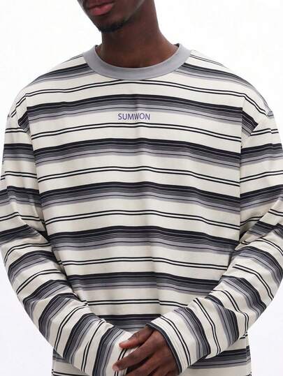 SUMWON Horizontal Striped Long Sleeve Crew Neck Tee Regular Fit Jersey Casual Everyday Wear Fall Winter Layering Basic