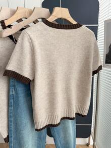 SHEIN Franclia Cardigã casual folgado de malha com gola redonda, mangas curtas, detalhe contrastante e frente aberta, para mulheres, ideal para primavera/outono. - Caqui - Ver 2