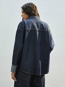 Maija 女士纯色休闲长袖牛仔衬衫 - 深色水洗藍 - 查看 4