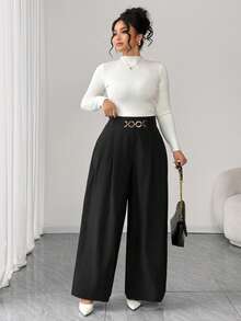 Elenzga 大码纯色金属扣弹力腰阔腿裤 - 彩色 - 查看 1