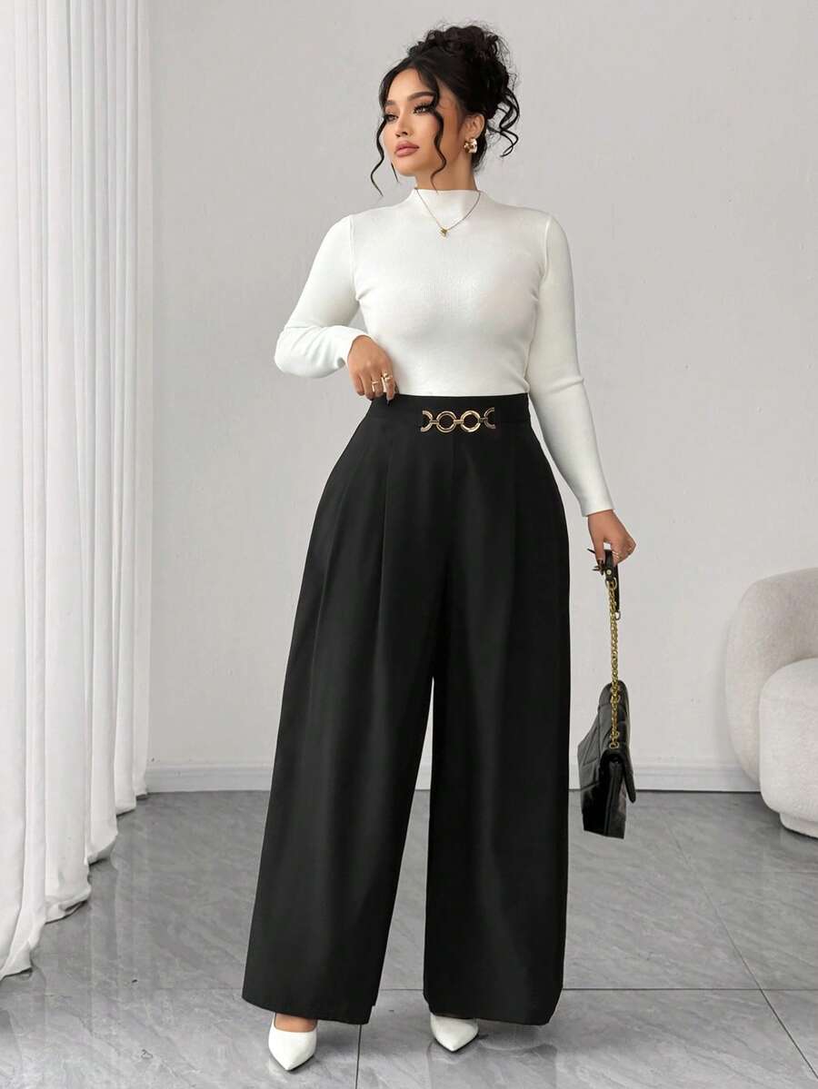 Elenzga 大码纯色金属扣弹力腰阔腿裤 - 彩色 - 查看 1