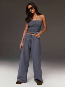 Athîral 女士荷叶边下摆抹胸上衣搭配抽绳腰阔腿裤，时尚百搭套装 - 彩色 - 查看 2