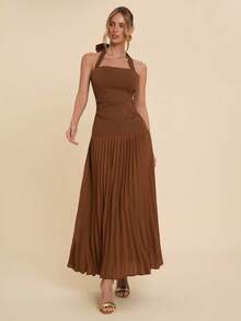 COSMINA Women's Elegant Pleated Halter Dress,Shades Of Brown Summer Sundress For Party,Long Earth Tone Wedding Guest Gown,Suitable For Dates And Gatherings - Rust Brown - View 6