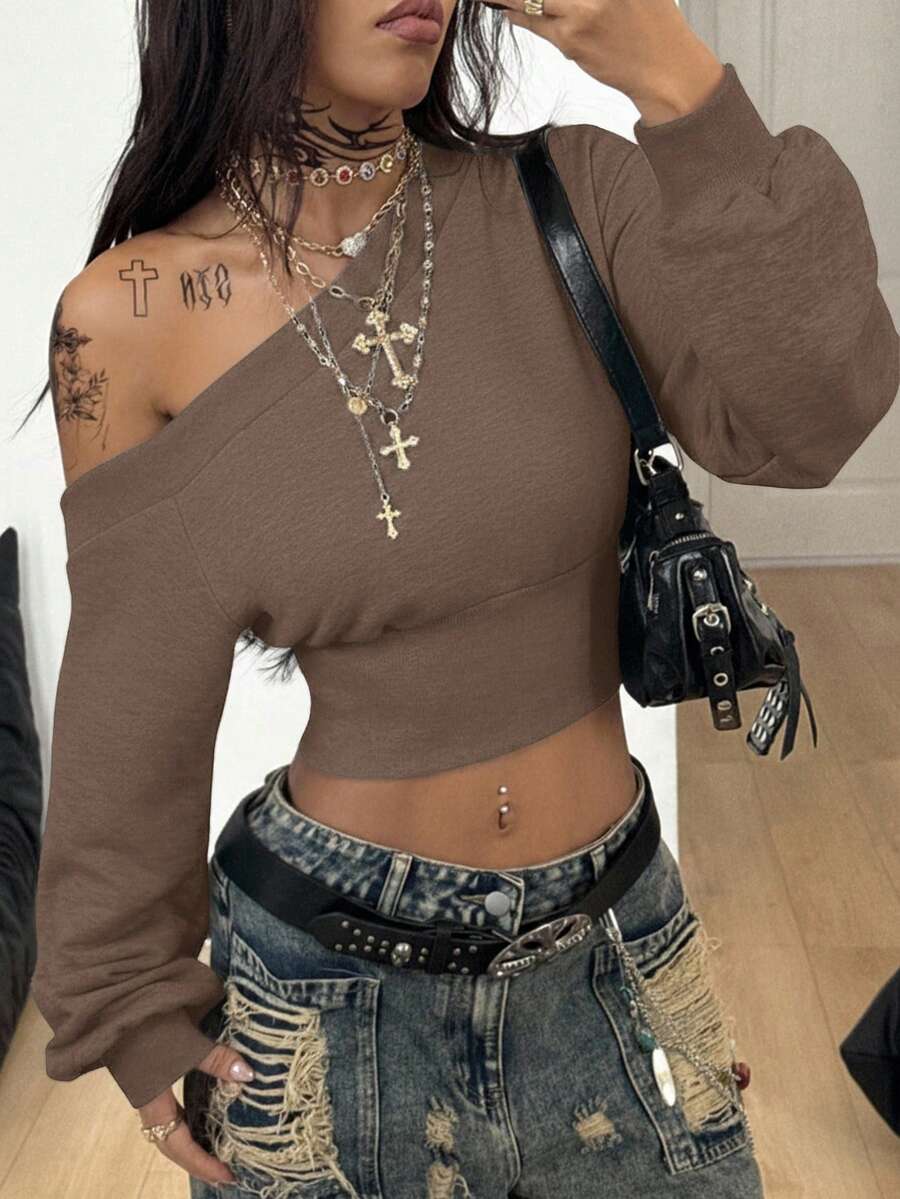 Coolane Women's Fall/Winter Streetwear Going Out Basic Off Shoulder Crop Long Sleeve Brown Sweatshirt - Brown - View 1