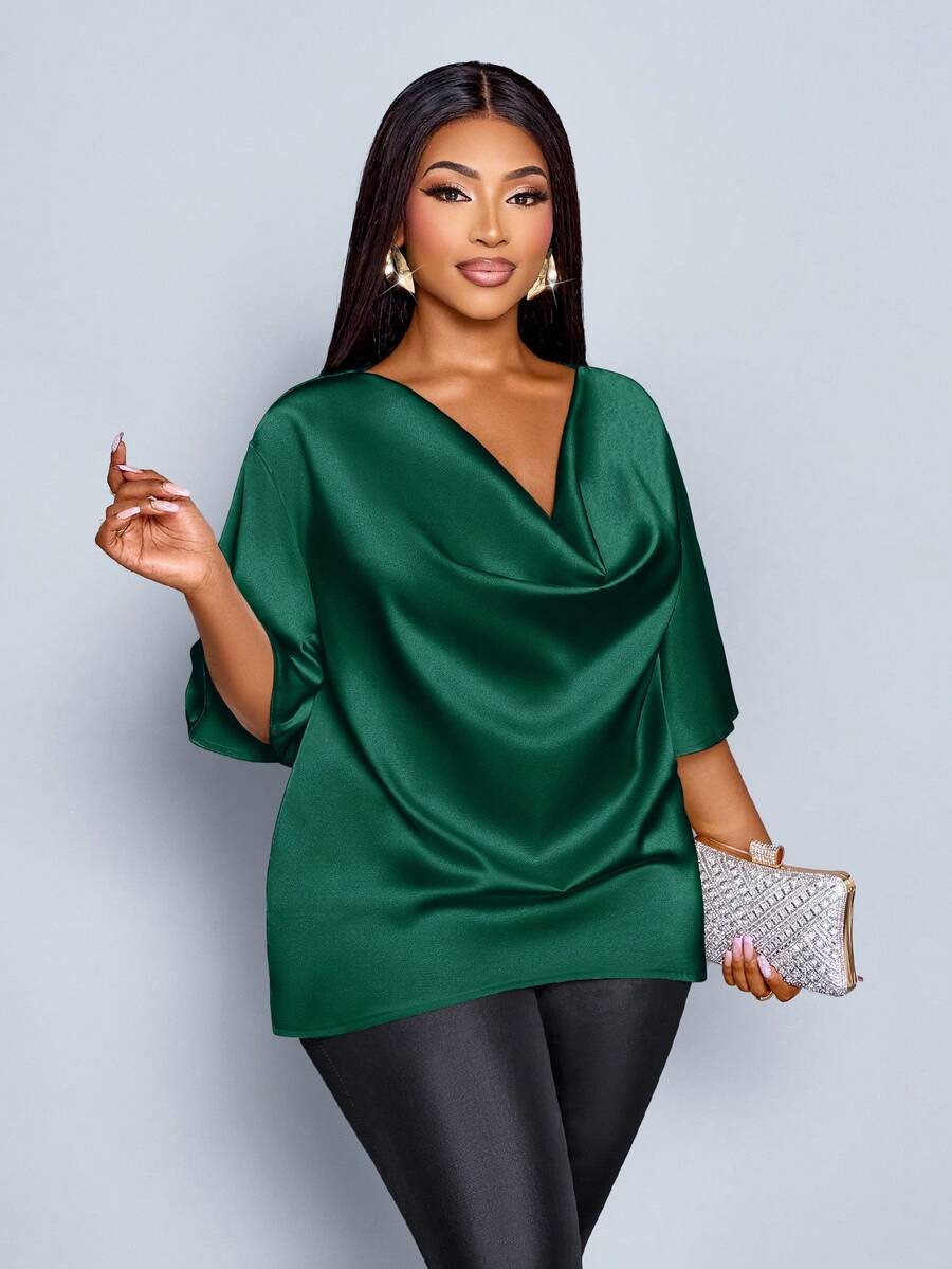 SOLERSUN Christmas Plus Size Women's Fashionable Solid Color Elegant Mock Neck Stylish And Sophisticated Batwing Sleeve Blouse Summer - Dark Green - View 1
