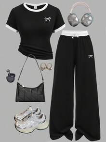 SHEIN Girlism Bộ đồ thời trang cho bé gái tuổi teen, áo phông cơ bản ôm sát, thêu nơ, phối sọc đen trắng tương phản, quần ống rộng cạp chun tương phản, phong cách thể thao đường phố thường ngày, thể thao, thoải mái khi đi học, thể thao bóng đá, bộ đồ mặc ngoài trời thoải mái - Đen và trắng - Xem 3