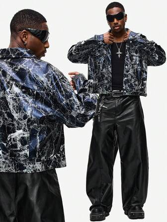 Street Life Chaqueta casual de moda para hombre, de corte holgado y oversize, con estampado completo y hombros caídos, para primavera/otoño