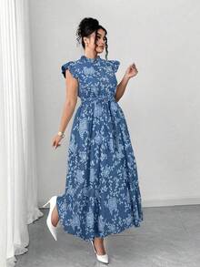 Elenzga Elegant Blue Floral Midi Dress For Women Stand Collar Ruffle Cap Sleeve A Line Flared Random Print Plus Size - Blue - View 5