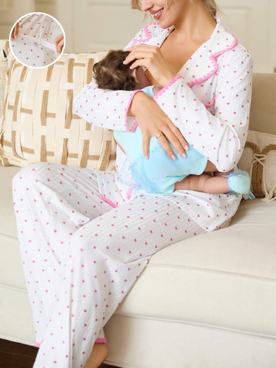 SHEIN 2pcs Maternity Floral Trim Heart Print Button-Front Long Sleeve Top And Pants Set - White - View 1