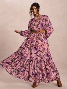 Freevana 大码女士秋冬飘逸舒适修身印花长袖连衣裙，V领设计，适合冬季穿着，也可作为万圣节服装、娃娃款长裙、休闲外出服、教师装等。 - 彩色 - 查看 5