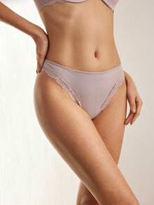 Ocili Women's Solid Color Contrast Lace Elastic Waist Thong Panties - Mauve Purple - View 4
