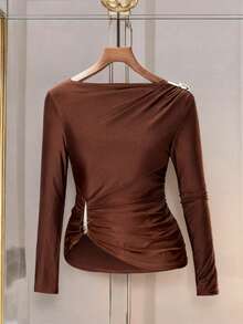 SOLERSUN 女士秋冬T恤，优雅气质，金属纽扣装饰，不规则褶裥下摆，高弹力面料，日常百搭优雅上衣，休闲百搭。 - 咖啡棕 - 查看 3