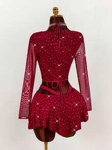 Amplova 2pcs/Set Sequin Detail Sexy Tight Fit Long Sleeve Crop Top & Tight Fit Inverted V Mini Skirt Sexy Two Piece Club Outfit Club Two Piece Set Sparkly Two Piece Set Mesh Two Piece Set Red Two Piece Set Vacation Outfits Women Y2K Valentine's Day - Burgundy - View 9