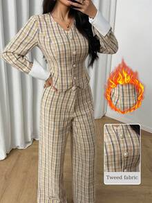 Modelyn Women's Yellow Long Sleeve Tweed Cinched Waist Jacket And Straight Leg Pants - Yellow - View 1