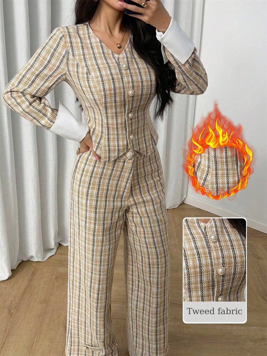 Modelyn Women's Yellow Long Sleeve Tweed Cinched Waist Jacket And Straight Leg Pants - Yellow - View 1