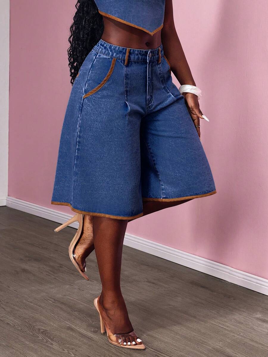 Slaydiva Women's Loose Casual Denim Wide Leg Capri Pants With Pockets - Medium Wash - View 1