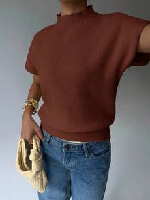 Aloruh 女士休闲日常通勤简约纯色漏斗领蝙蝠袖宽松针织衫，秋冬款 - 紫紅色 - 查看 3